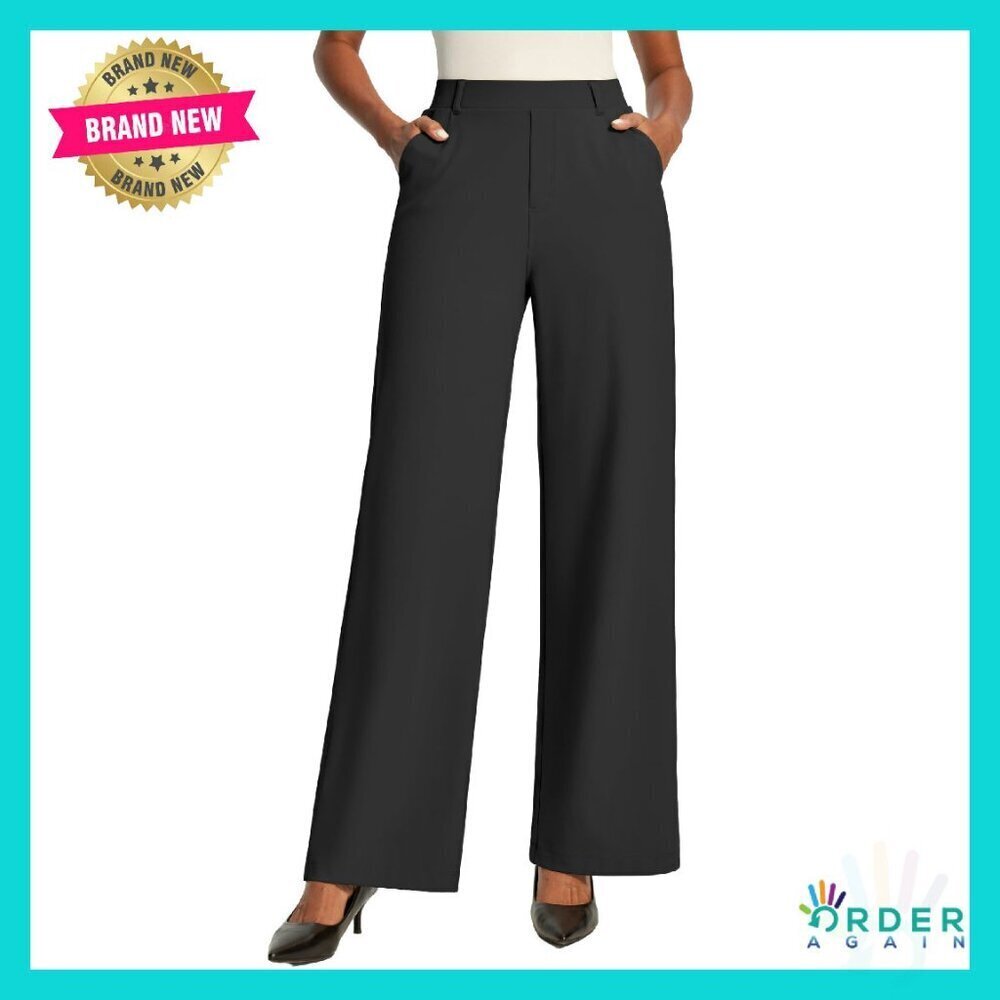 Wide Leg Pull On Work Pants Stretchy High Waisted Business Casual Trousers